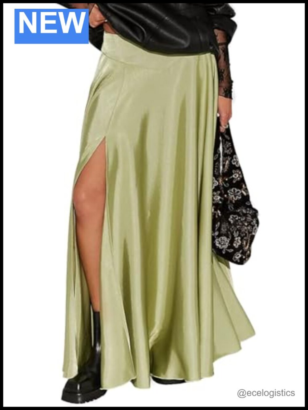 Women's Satin Maxi Skirt A-Line Side Slit Floor-Length with Pockets